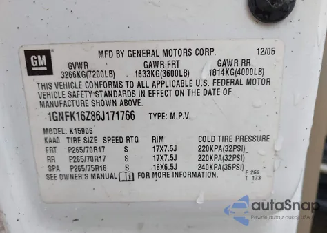 2006 Chevrolet Suburban 1500 Lt из США, поврежденный, VIN 1GNFK16Z86J171766